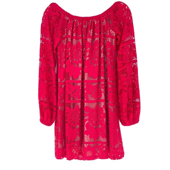 For Love & Lemons Red Daphne Lace Off-Shoulder Long Sleeve Dress Women Sz S $320 - Picture 2 of 12